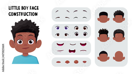 Black Cartoon Boy Face Construction, Child Avatar Maker with Afro Hair, Eyes and Mouth Premium Vector