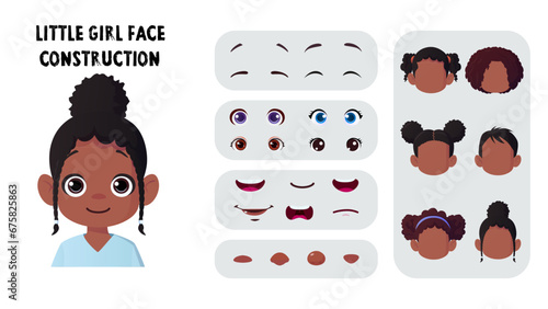 Cartoon Black Girl Face Constructor, Little Kid Face Creation Pack Vector Illustration with Lips, Hair, Eyes Vector Illustration
