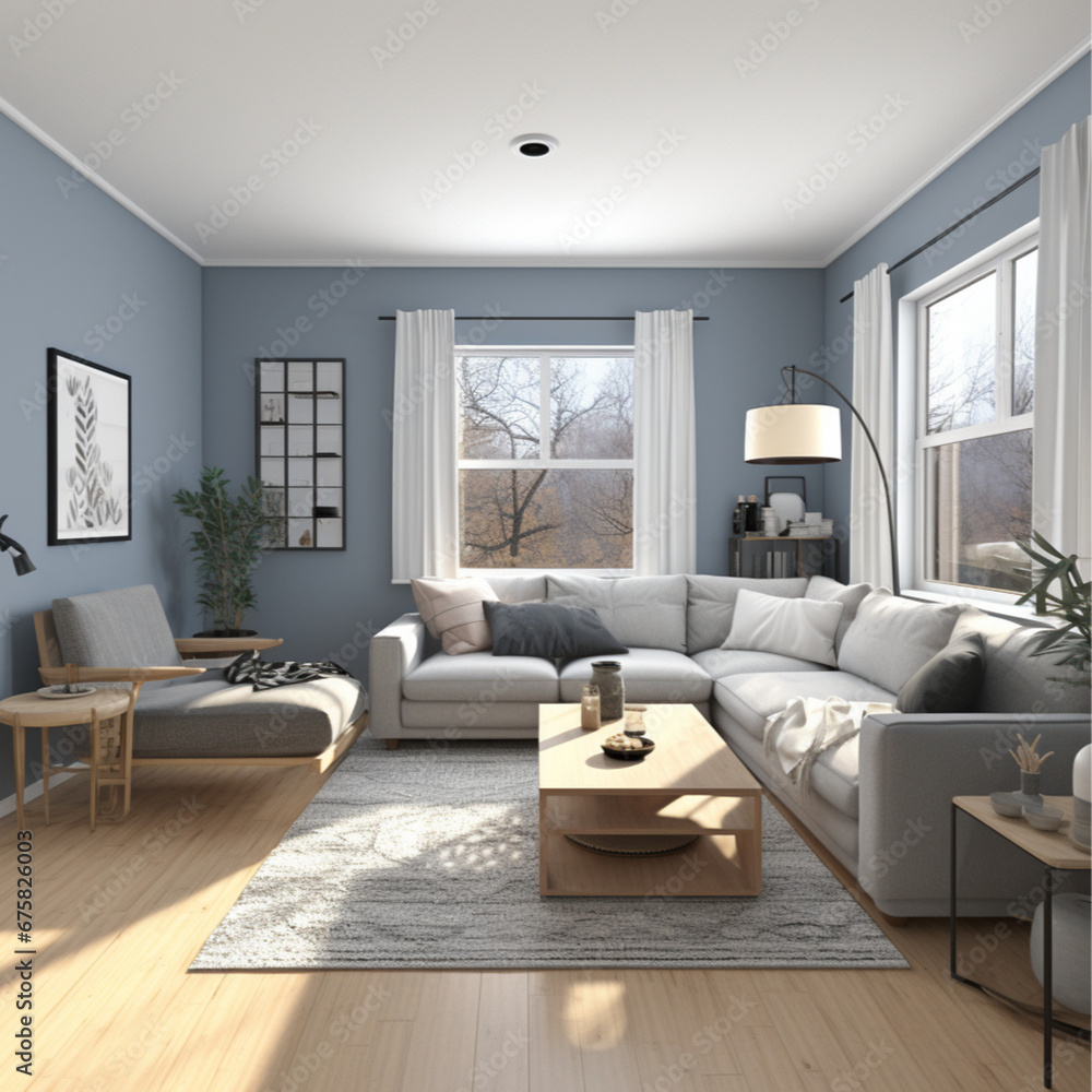 Fototapeta premium a living room with muted blue walls, gray wood panel floors, viewed from the 1st person perspective with 3 walls in frame, the right wall contains two windows with curtains,and a fireplace