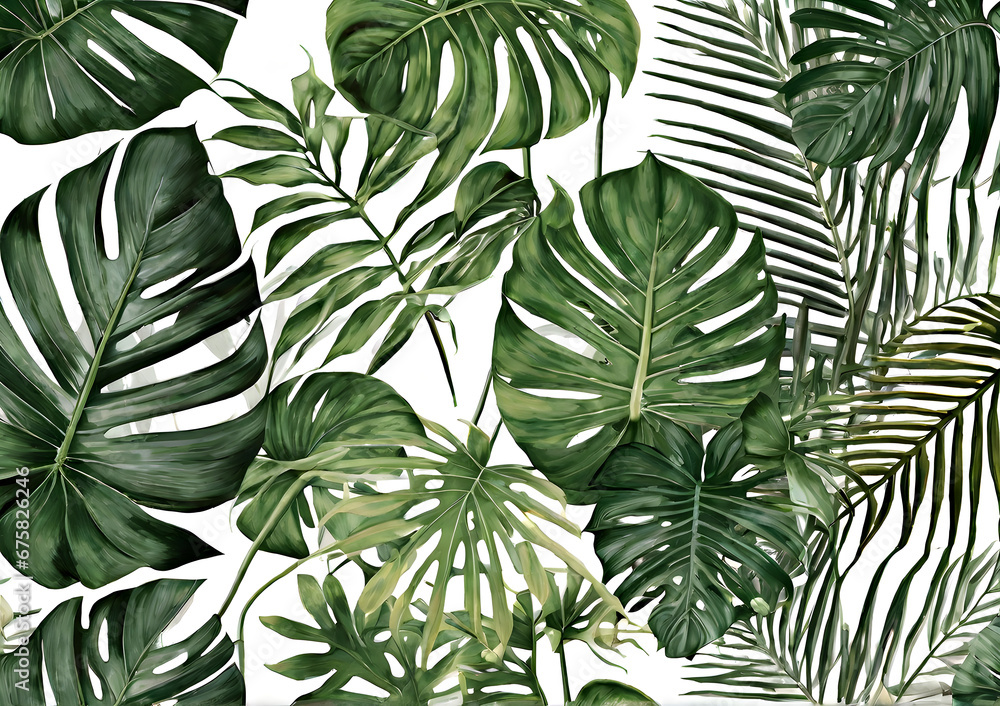 Green tropical leaves on a white background close-up. Watercolor illustration, texture, wallpaper. Generative AI