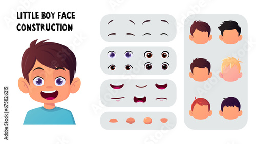 Girl Character Face Creation, Construction set, Cartoon Kid Face Generator with Hair, eyes, Mouth, nose, eyebrows