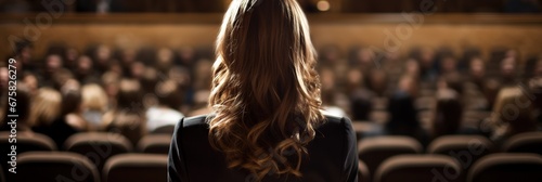 Confident Female Speaker Inspiring Full Auditorium, Generative AI photo
