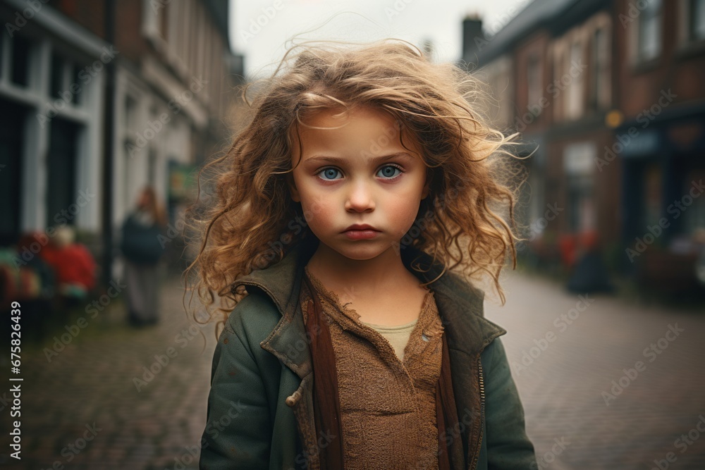 Little girl with curly hair on the street. Portrait of a child.