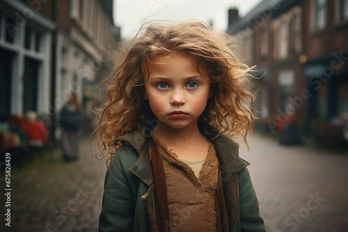 Little girl with curly hair on the street. Portrait of a child.