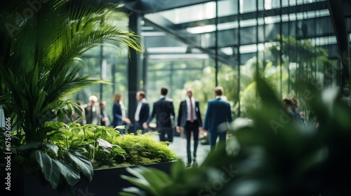 Green office walls with plants. Employee wellness and nature friendly corporate environment with modern, sustainable and ecological office space. ESG standards for responsible business.