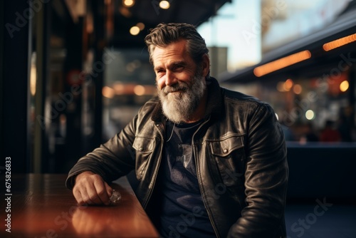 Portrait of a bearded man in a leather jacket sitting at a table in a cafe.