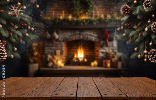Diseño creativo desenfocado para Navidad y Año Nuevo. Fondo navideño de pino de navidad y chimenea dentro de la sala de estar. photo