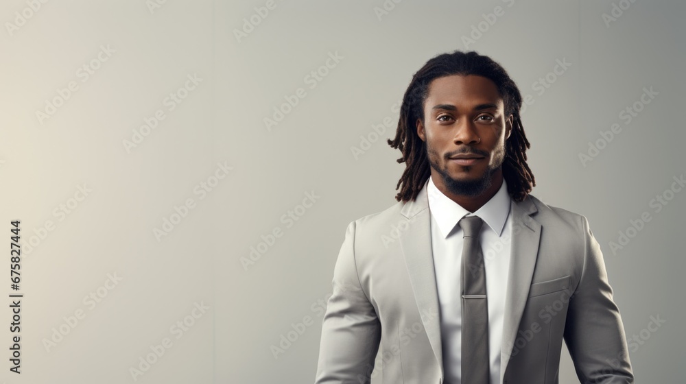 African american man in grey suit and tie on light background, copy space African american man in grey suit and tie on light background, copy space