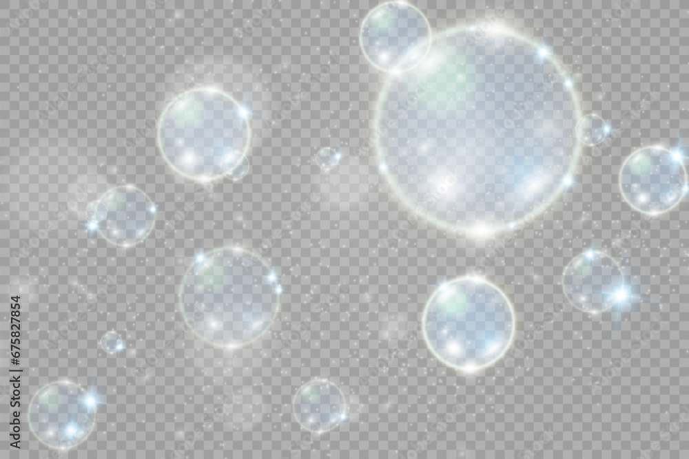 White beautiful bubbles on a transparent background vector illustration. Soap bubbles.
White beautiful bubbles on a transparent background vector illustration. Soap bubbles.