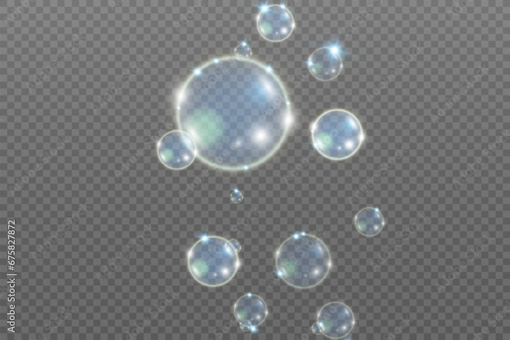 Fototapeta premium White beautiful bubbles on a transparent background vector illustration. Soap bubbles. 
