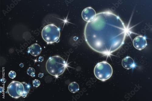 White beautiful bubbles on a transparent background vector illustration. Soap bubbles.	
