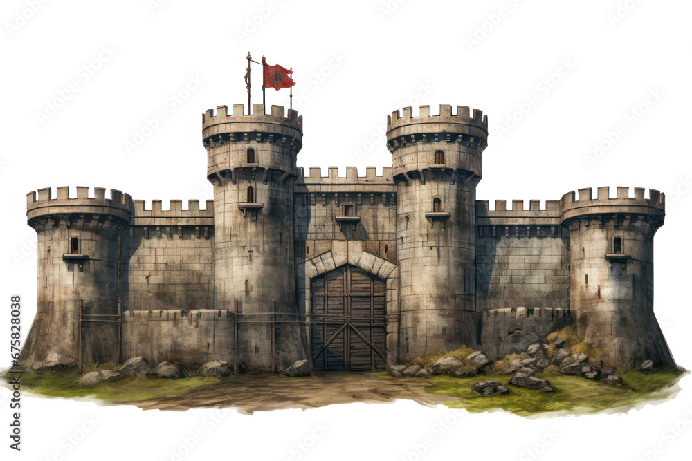 fort surrounded castle on transparent background, png file - obrazy, fototapety, plakaty 