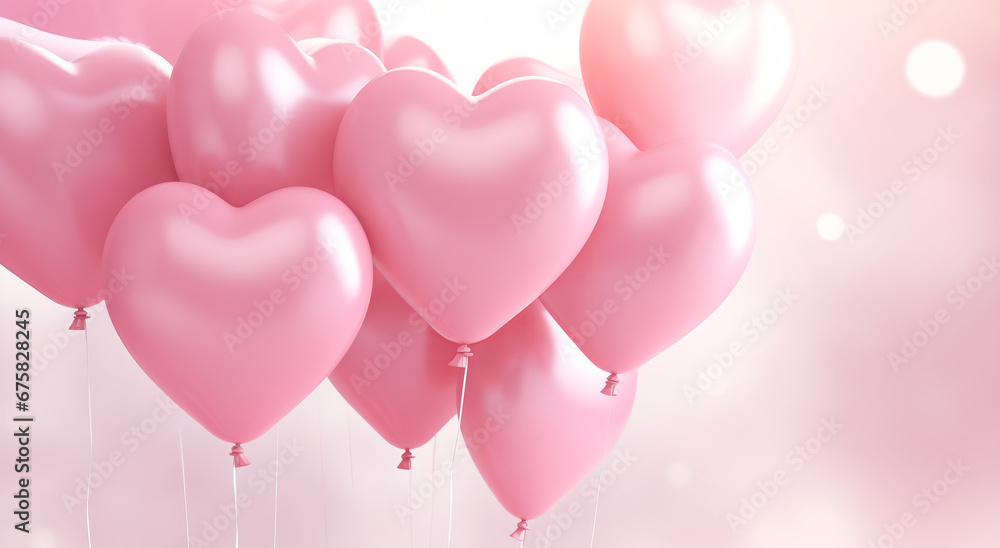 Panoramic Pink Background with Heart-Shaped Balloons: Valentine's Day Celebration