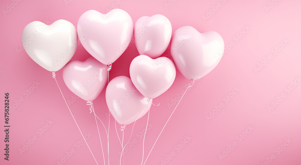 Panoramic Pink Background with Heart-Shaped Balloons: Valentine's Day Celebration Panoramic Pink Background with Heart-Shaped Balloons: Valentine's Day Celebration