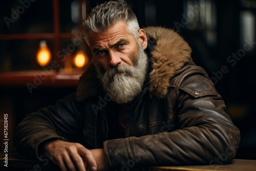 Portrait of a bearded man in a leather jacket sitting in a cafe.