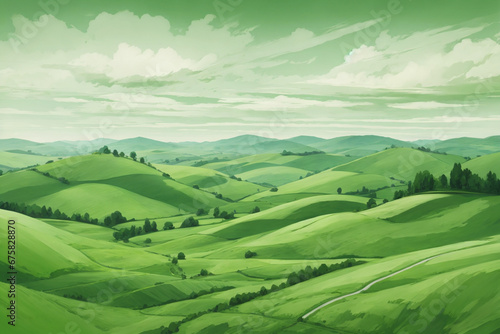 Green rolling hills in a semi abstract landscapes in shades of green