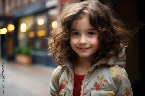 Portrait of cute little girl with curly hair in the city.