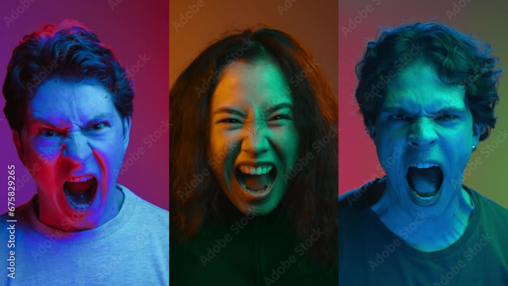 Portraits of People Screaming on Camera in Neon Colour Light of Close-Up Studio Shot. Shouting Asian Woman in Multiscreen Collage of Marriage Fight. Husband Yells on Troubling Man in Mad Furious Fight Portraits of People Screaming on Camera in Neon Colour Light of Close-Up Studio Shot. Shouting Asian Woman in Multiscreen Collage of Marriage Fight. Husband Yells on Troubling Man in Mad Furious Fight