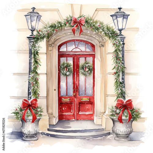 Door decoration, Christmas card poster banner, watercolour
