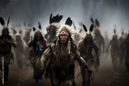 Fotografia Native Americans warriors performing traditional war dances, illustrating their cultural significance and skill