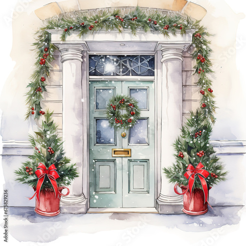 Door decoration, Christmas card poster banner, watercolour 