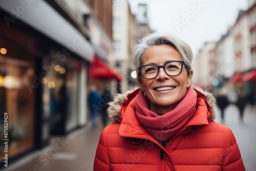 Portrait of mature woman in red jacket and eyeglasses on city street