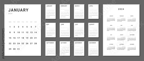 Set of monthly calendar planner page templates for 2024. Isolated Vector layout minimalist of wall or desk calendar with week start on Monday for print. Page for size A4 or 21x29.7 cm