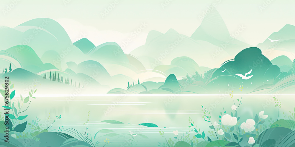 Green tone of landscape watercolor painting. Green tone of landscape watercolor painting.