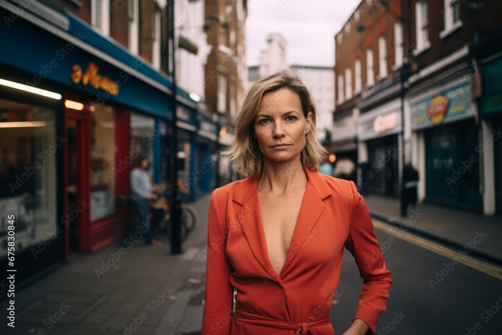 Beautiful young blonde woman in a red suit on a city street Beautiful young blonde woman in a red suit on a city street
