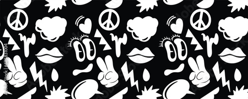 Vector black and white funny happy label seamless pattern background