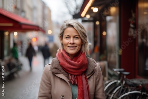 Portrait of a beautiful blonde woman in a coat and red scarf on a city street