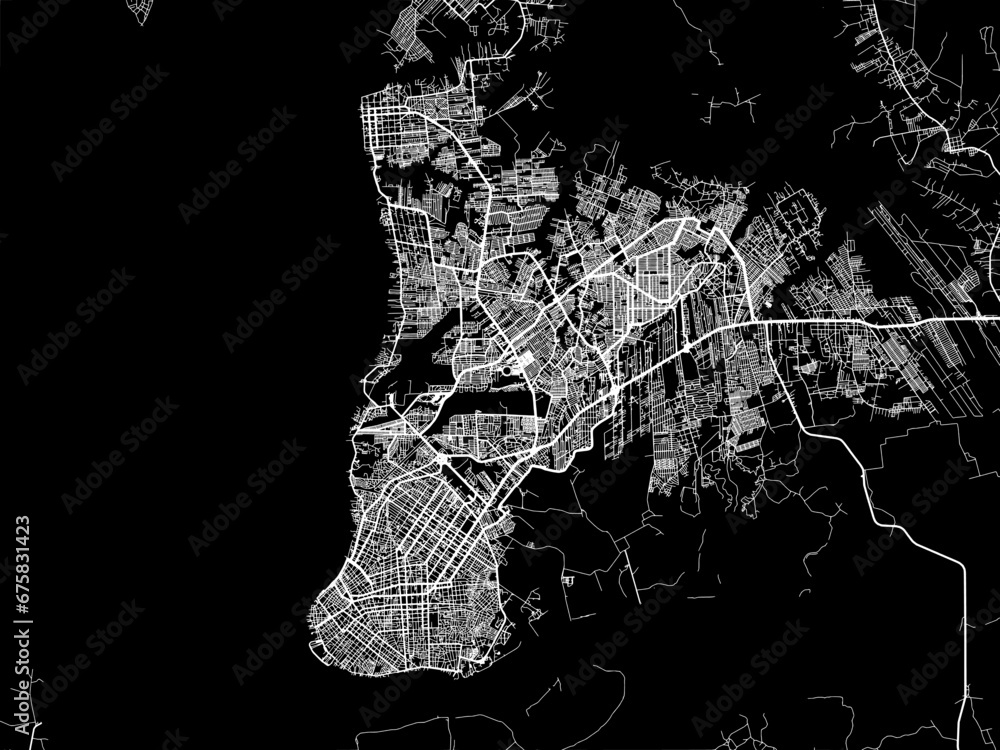 Vector road map of the city of Belem in Brazil with white roads on a black background.