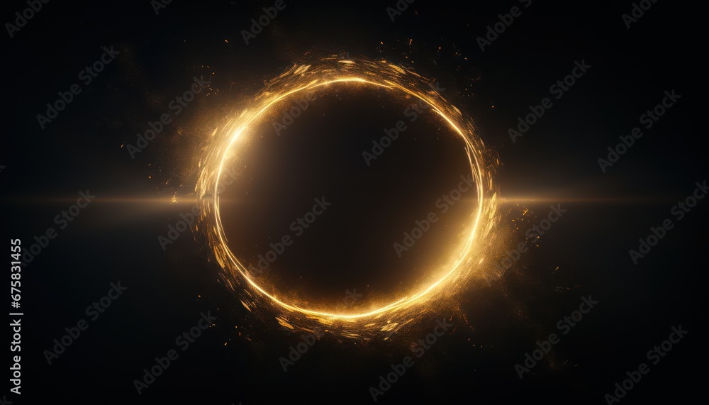 a golden halo on black background,  radiating warmth and sophistication in the depths of darkness - obrazy, fototapety, plakaty 