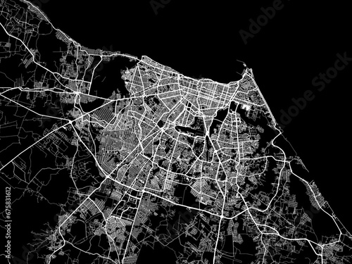 Vector road map of the city of Fortaleza in Brazil with white roads on a black background.