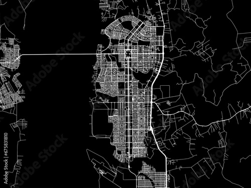 Vector road map of the city of Palmas in Brazil with white roads on a black background.