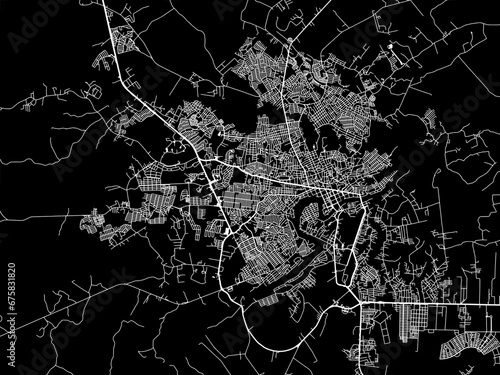 Vector road map of the city of Rio Branco in Brazil with white roads on a black background.