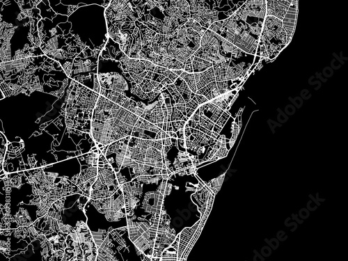 Vector road map of the city of Recife in Brazil with white roads on a black background.