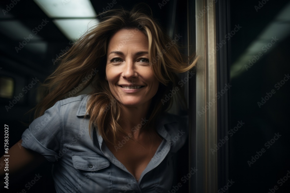 Portrait of a beautiful woman in a blue shirt standing by the window Portrait of a beautiful woman in a blue shirt standing by the window