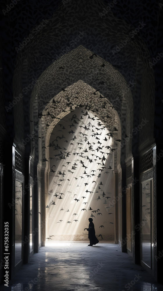 The Enchanting Radiance of the Majestic Arabic Archway, A Tranquil Hallway Illuminated by the Ethereal Glow of Islamic Elegance