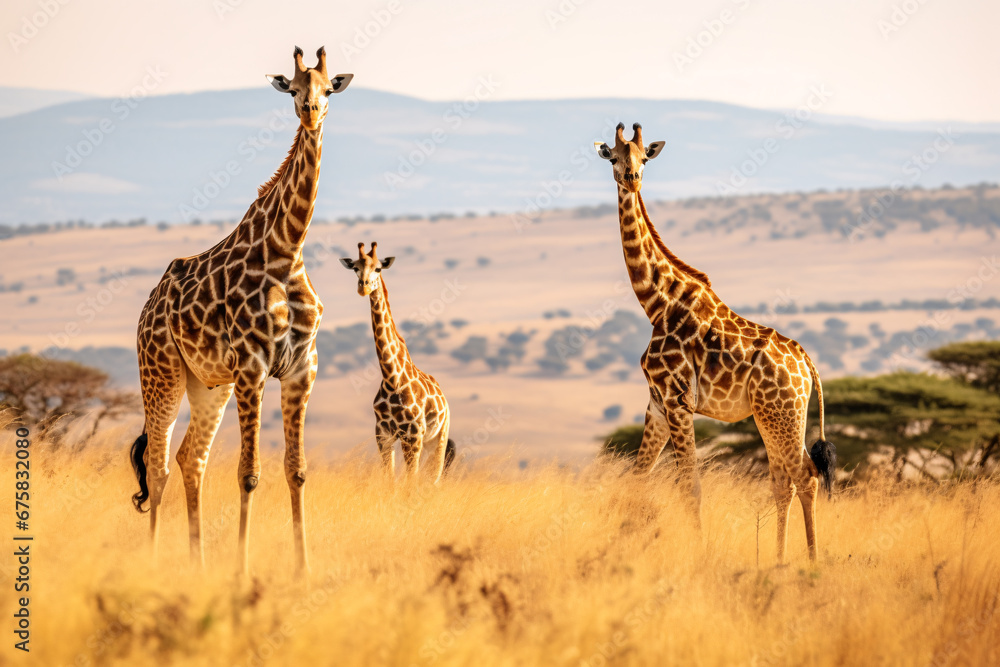 Obraz premium Giraffe family in grassland savanna day time, tallest animal in the world. 