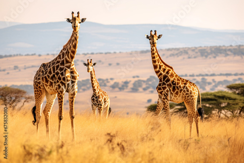 Giraffe family in grassland savanna day time, tallest animal in the world. 