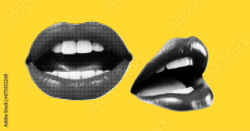 Female mouth in halftone treatment for collage on yellow background. Sexy smile lips element, vector trendy illustration in dot like pop art.