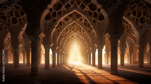 The Serene Tranquility of the Majestic Islamic Archway Illuminated by the Gentle Glow of Arabic Lights, where Birds of Peace Soar Freely in the Hallway of Harmony