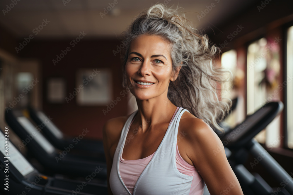 Obraz premium Beautiful confident senior woman in sportswear smiling happily at gym, healthy lifestyle and maintaining wellness for older adults concept.