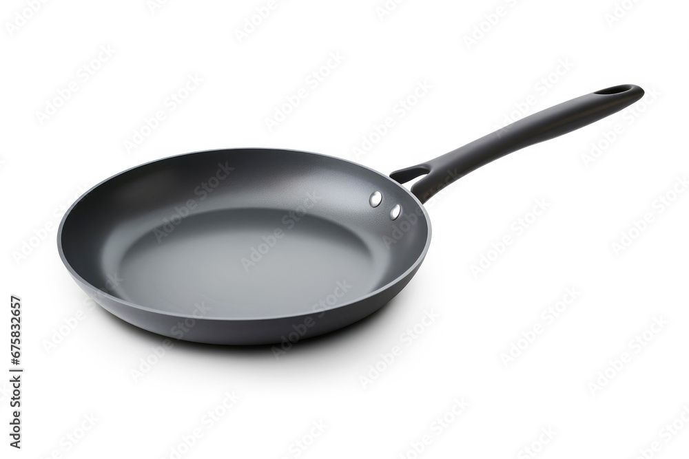 An empty black non-stick pan with a metal handle, isolated on a white background, ready for food preparation in the kitchen. An empty black non-stick pan with a metal handle, isolated on a white background, ready for food preparation in the kitchen.