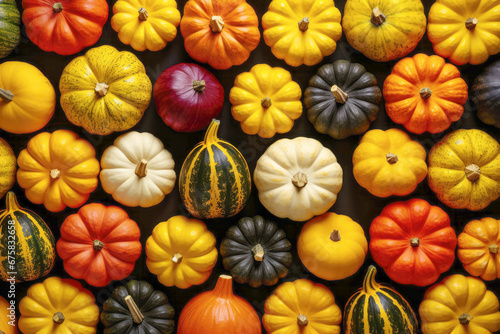 A bountiful harvest of pumpkins in various shapes and sizes, as the backdrop of a rustic autumn landscape.