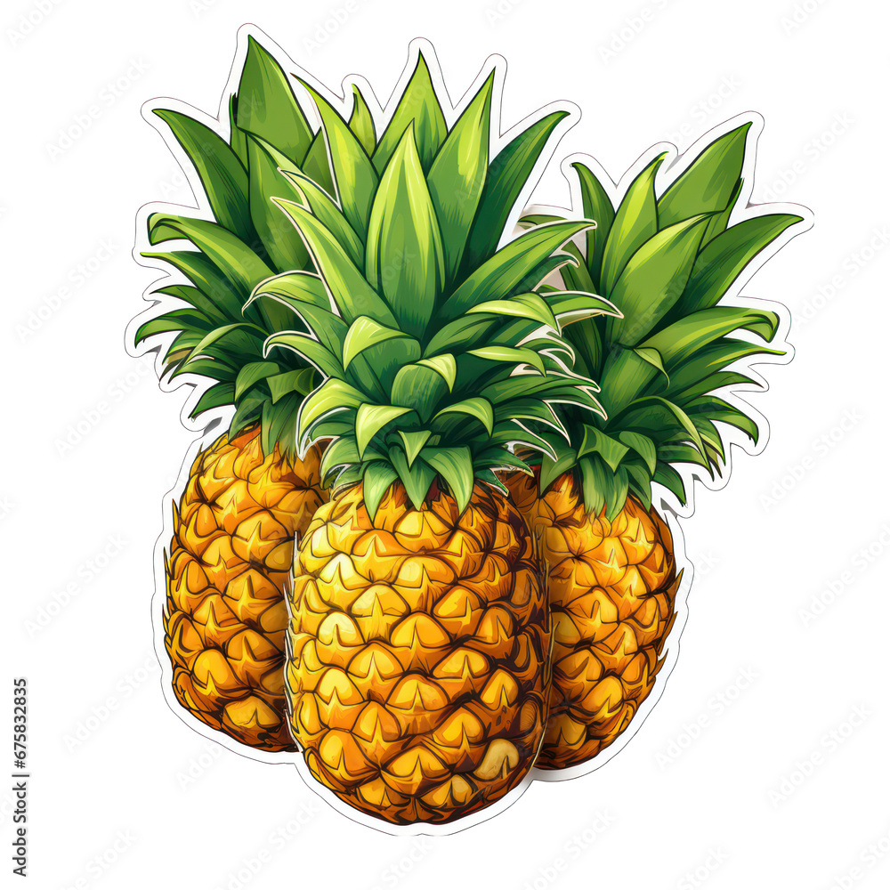 Pineapple-shaped Yellow Paper Stickers with Green Leaves Isolated on Transparent or White Background, PNG Pineapple-shaped Yellow Paper Stickers with Green Leaves Isolated on Transparent or White Background, PNG