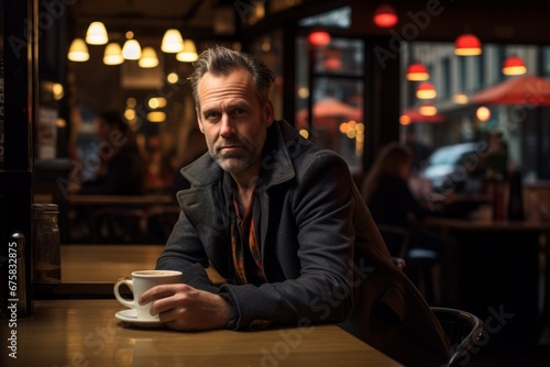 Portrait of a handsome middle-aged man drinking coffee in a pub.