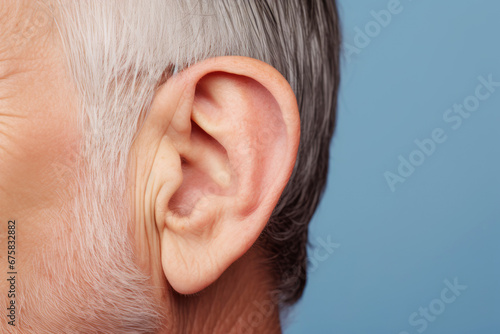 In a closeup of an elder man's ear, the effects of hearing loss become apparent, symbolizing the challenges that can accompany aging and impacting one's overall health. photo