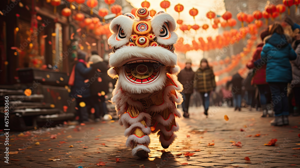 Fototapeta premium Chinese lion dancing and celebrating the Chinese New Year in the street